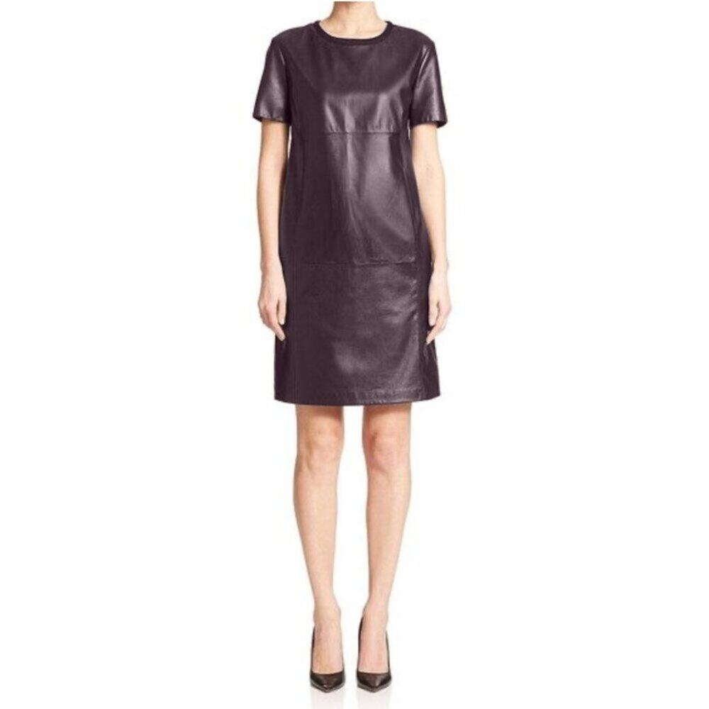 WEEKENDS MAX MARA | Adria Leather / Modal Short Dress Burgundy Size 14